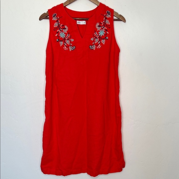 Croft & Barrow Embroidered Splitneck Linen Blend Dress Lava Flames Orange Size M - Picture 2 of 6